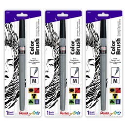 Pentel Arts Color Brush with Pigment Ink, Medium Tip, Black, Pack of 3