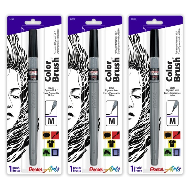 Pentel Arts Color Brush with Pigment Ink, Medium Tip, Black, Pack of 3