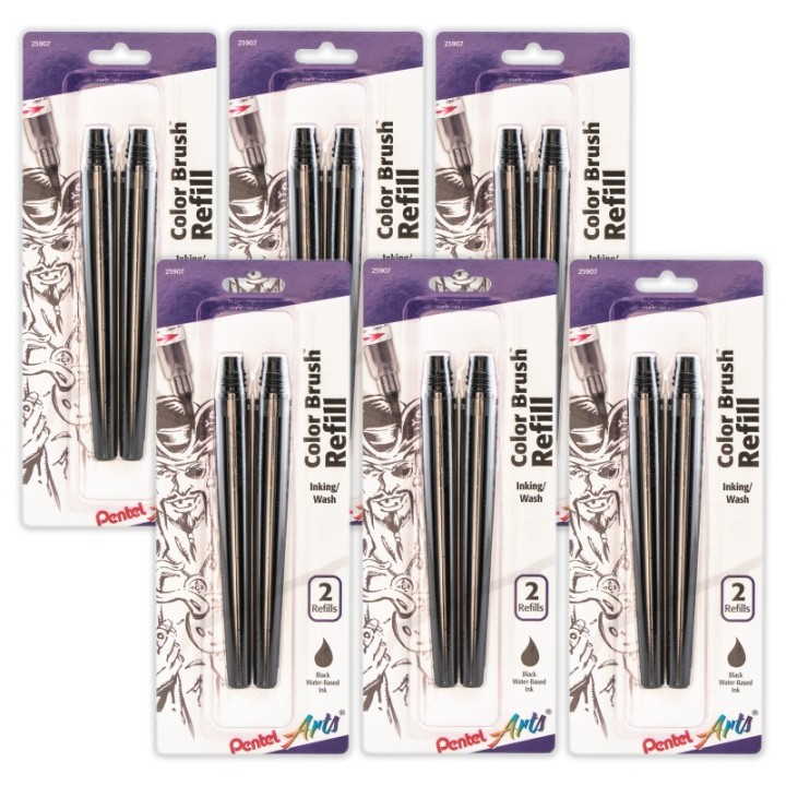 Pentel Arts Color Brush Water-Based Ink Refills, Black Ink, 2 Per Pack, 6 Packs