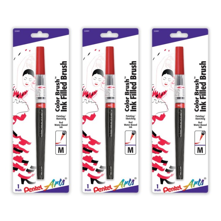 Pentel Arts Color Brush with Water-Based Ink, Medium Tip, Red, Pack of 3