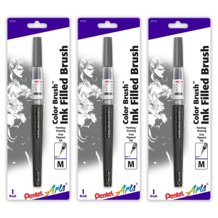 Pentel Arts Color Brush with Water-Based Ink, Medium Tip, Gray, Pack of 3