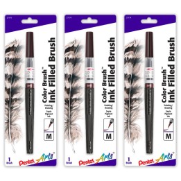 Pentel Arts Color Brush with Water-Based Ink, Medium Tip, Sepia, Pack of 3