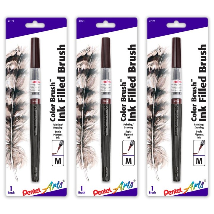 Pentel Arts Color Brush with Water-Based Ink, Medium Tip, Sepia, Pack of 3