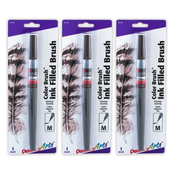 Pentel Arts Color Brush with Pigment Ink, Medium Tip, Sepia, Pack of 3