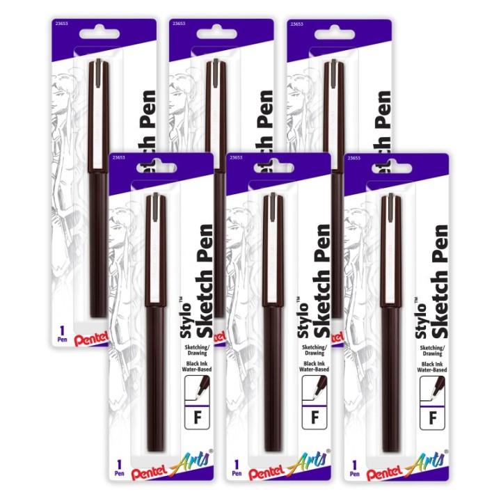 Pentel Arts Stylo Sketch Pen, Fine Tip, Black Ink, Pack of 6
