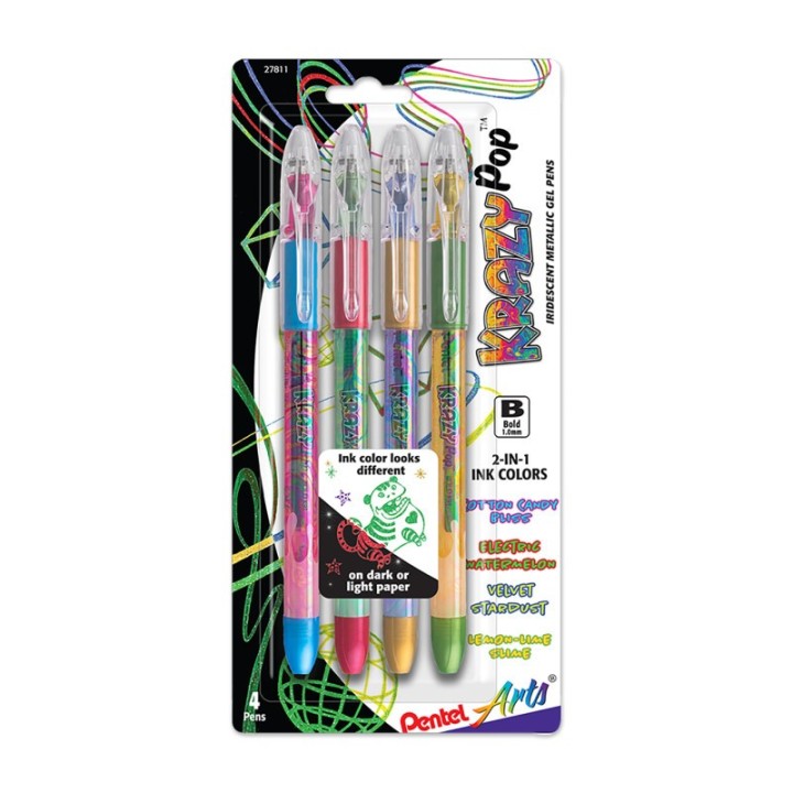 Pentel Arts Krazy Pop Iridescent Gel Pen, 1.0mm Bold line, Assorted Ink (XC/BD/CP/DG), 4-Pack
