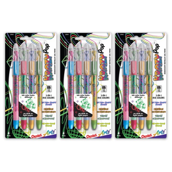 Pentel Arts Krazy Pop Iridescent Gel Pen, 1.0mm Bold line, Assorted Ink (XC/BD/CP/DG), 4 Per Set, 3 Sets