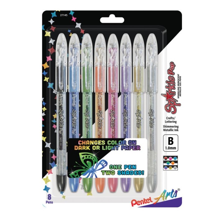 Pentel Arts Sparkle Pop Metallic Gel Ink Pen, (1.0mm) Bold Line, Assorted Ink, 8-Pack