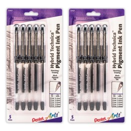 Pentel Arts Hybrid Technica Gel Pen, Assorted Tip Sizes (0.3, 0.4, 0.5, 0.6, 0.8), Black Ink, 5 Per Pack, 2 Packs
