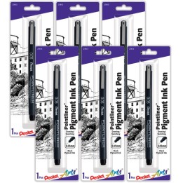 Pentel Arts Pointliner Pen, 0.05mm, Black Pigment Ink, Pack of 6