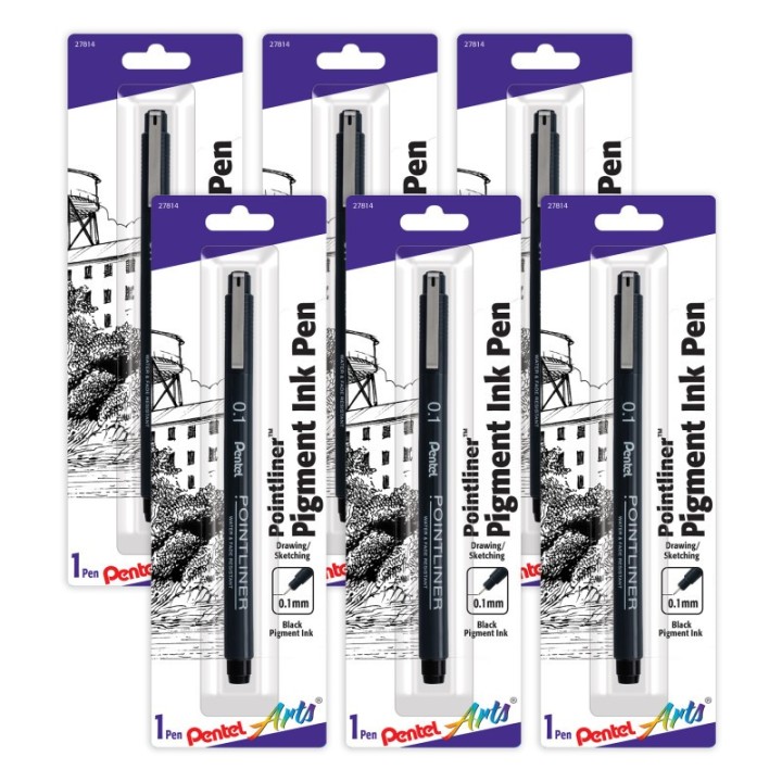 Pentel Arts Pointliner Pen, 0.1mm, Black Pigment Ink, Pack of 6