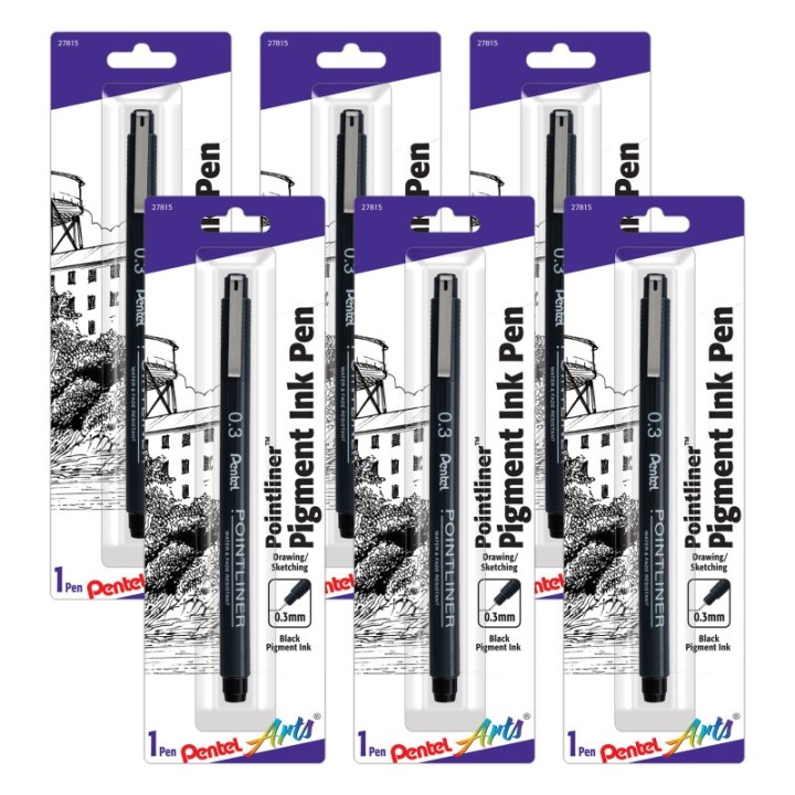 Pentel Arts Pointliner Pen, 0.3mm, Black Pigment Ink, Pack of 6