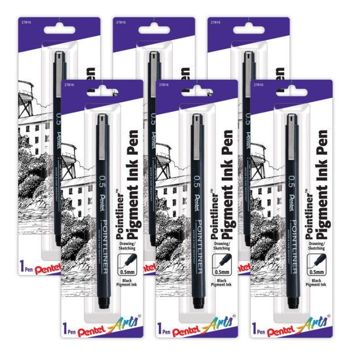 Pentel Arts Pointliner Pen, 0.5mm, Black Pigment Ink, Pack of 6