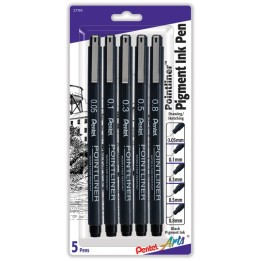 Pentel Arts Pointliner Pen, Assorted Sizes, Black Pigment Ink, 5-Pack