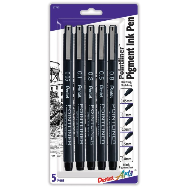 Pentel Arts Pointliner Pen, Assorted Sizes, Black Pigment Ink, 5-Pack