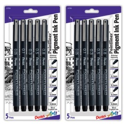 Pentel Arts Pointliner Pen, Assorted Sizes, Black Pigment Ink, 5 Per Set, 2 Sets