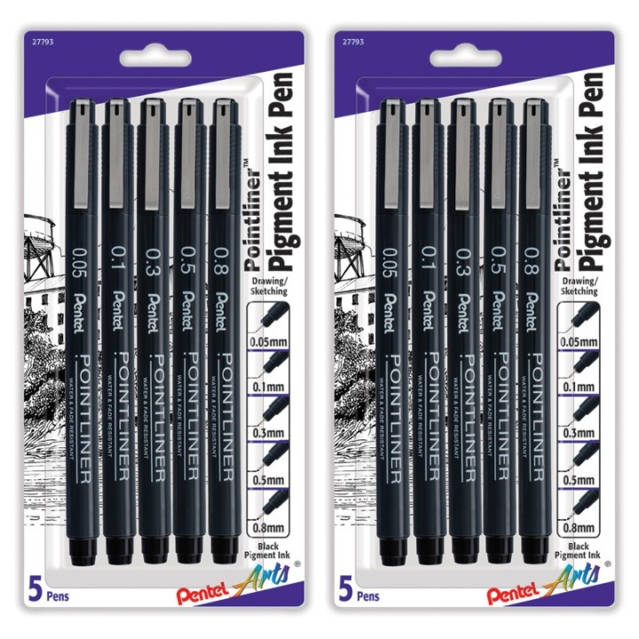 Pentel Arts Pointliner Pen, Assorted Sizes, Black Pigment Ink, 5 Per Set, 2 Sets