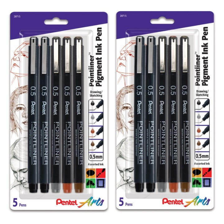 Pentel Arts Pointliner Pen, 0.5mm Tip, Assorted Ink Colors, 5 Per Set, 2 Sets