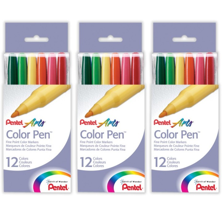 Pentel Arts Color Pen, 12 Colors Per Set, 3 Sets
