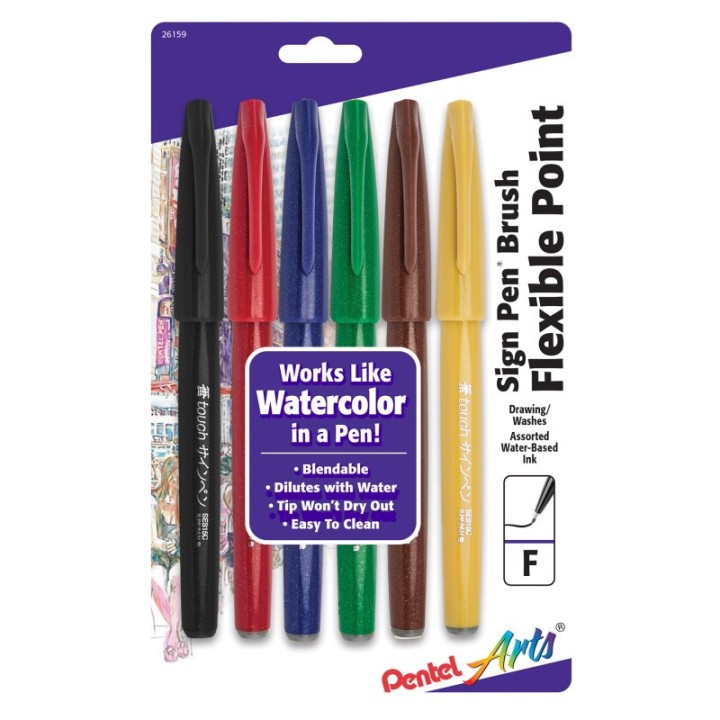 Pentel Arts Sign Pen Brush Tip, Assorted Colors, 6-Pack