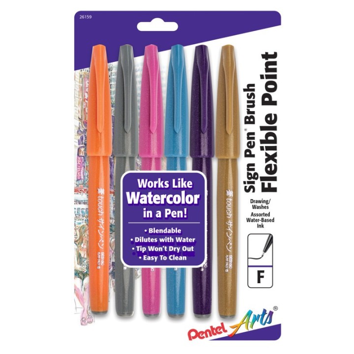 Pentel Arts Sign Pen Brush Tip, Assorted Colors, 6-Pack, Fashion Colors
