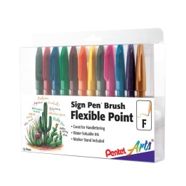 Pentel Arts Sign Pen Brush Tip, Assorted Ink Colors, 12-Pack in Plastic Box