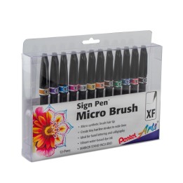 Pentel Arts Sign Pen Micro Brush Tip, Assorted Ink Colors, 12-Pack in Plastic Box