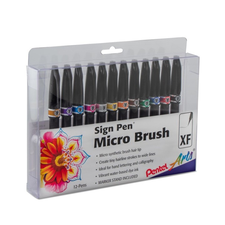 Pentel Arts Sign Pen Micro Brush Tip, Assorted Ink Colors, 12-Pack in Plastic Box