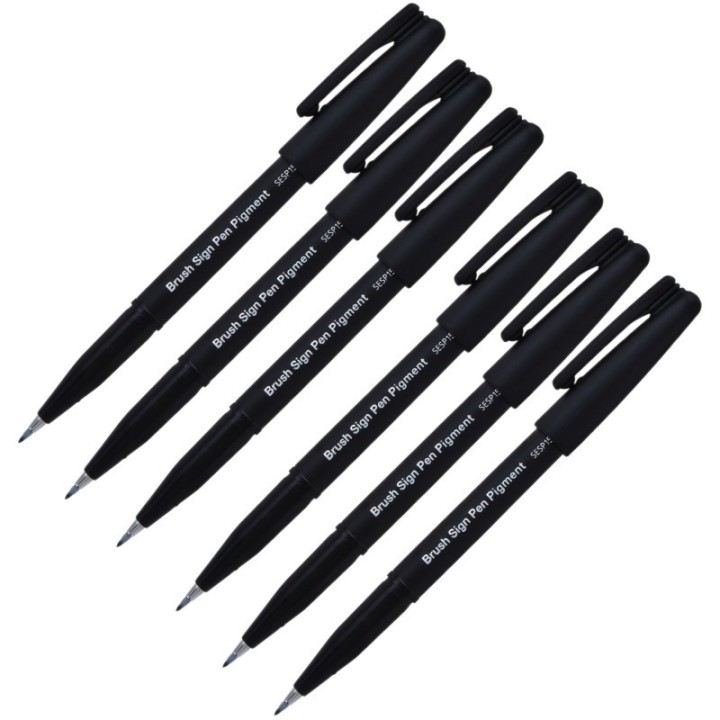 Pentel Arts Sign Pen Brush, Open Stock, Black Pigment Ink, Pack of 6