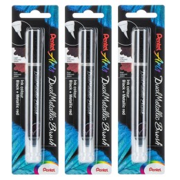 Pentel Arts DualMetallic Brush, Black/Metallic Red Ink, Pack of 3