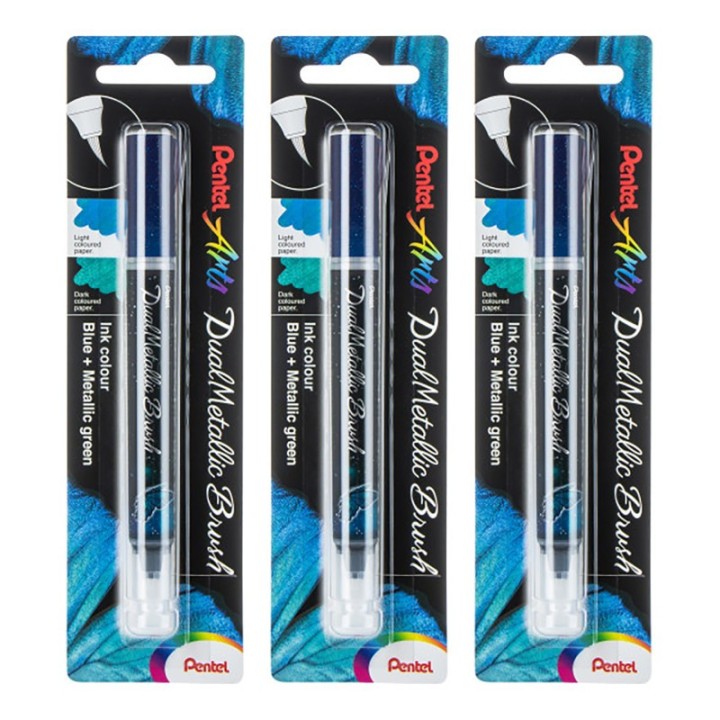 Pentel Arts DualMetallic Brush, Blue/Metallic Green Ink, Pack of 3