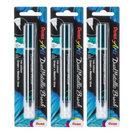 Pentel Arts DualMetallic Brush, Green/Metallic Blue Ink, Pack of 3