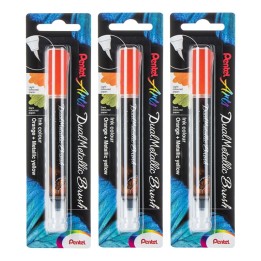 Pentel Arts DualMetallic Brush, Orange/Metallic Yellow Ink, Pack of 3
