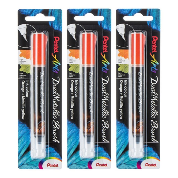 Pentel Arts DualMetallic Brush, Orange/Metallic Yellow Ink, Pack of 3