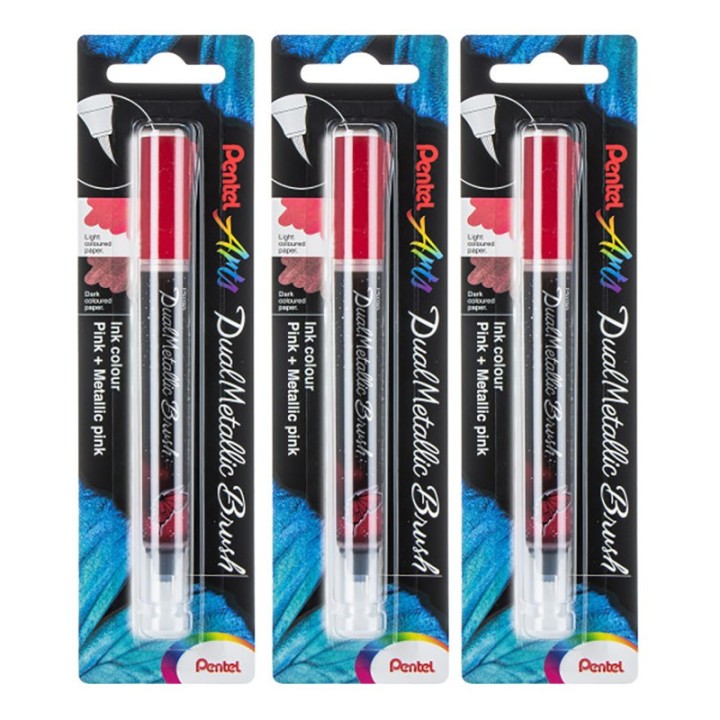 Pentel Arts DualMetallic Brush, Pink/Metallic Pink Ink, Pack of 3
