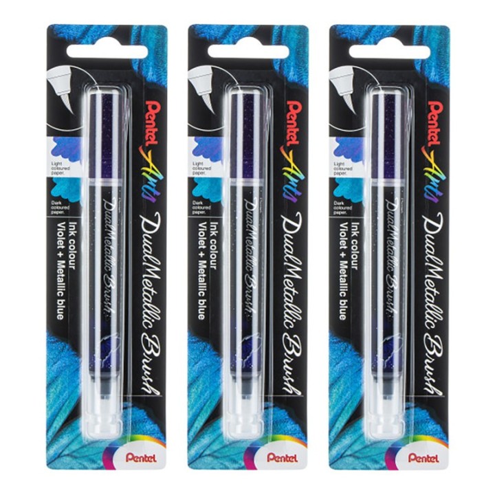Pentel Arts DualMetallic Brush, Violet/Metallic Blue Ink, Pack of 3