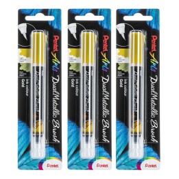 Pentel Arts DualMetallic Brush, Gold Ink, Pack of 3
