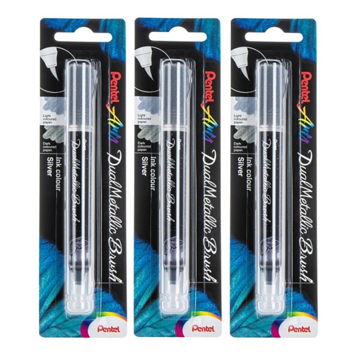 Pentel Arts DualMetallic Brush, Silver Ink, Pack of 3