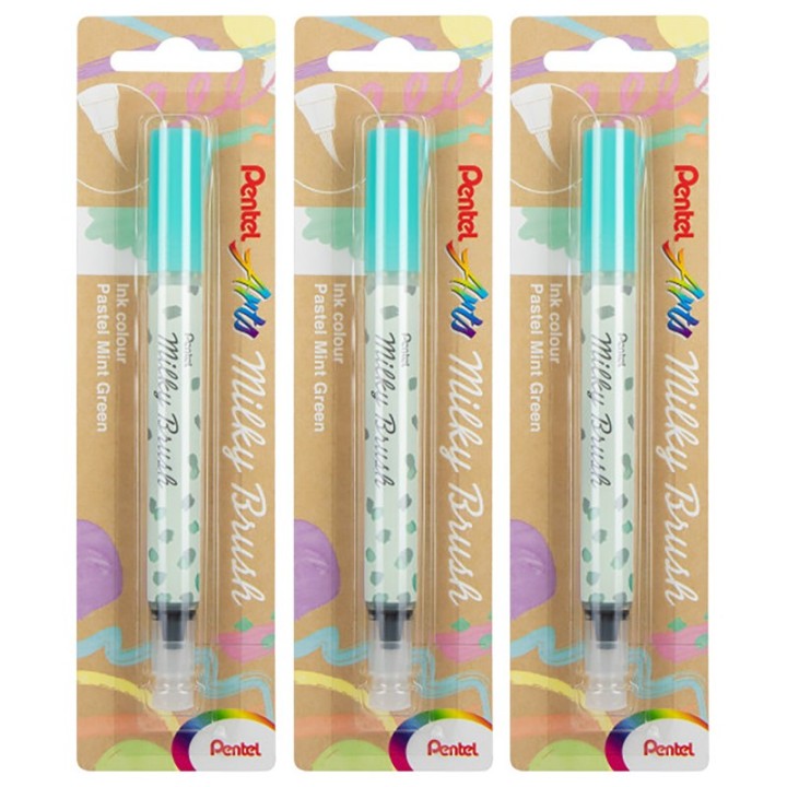 Pentel Arts Milky Brush Pen, Pastel Mint Green Ink, Pack of 3