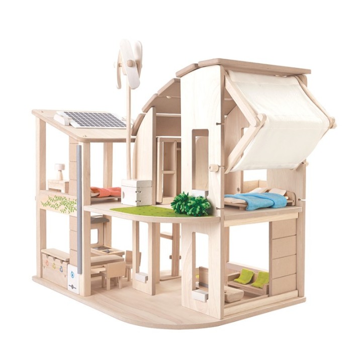 PlanToys Green Wooden Dollhouse With Furniture