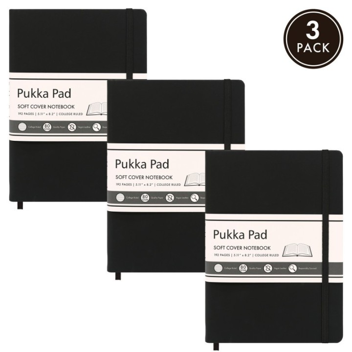 Pukka Pads Pukka Soft Cover A5 College Ruled - Black, Pack of 3