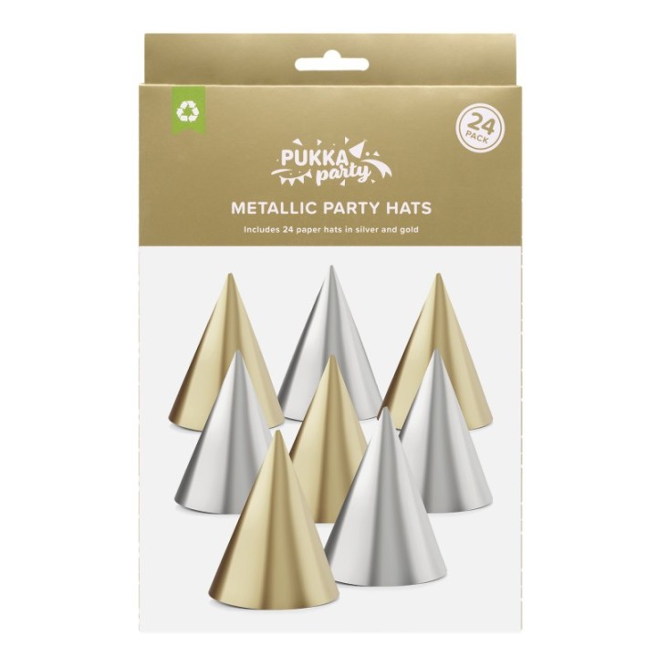 Pukka Party Metallic Silver & Gold Party Hats, 24 Pieces