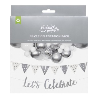 Pukka Party Silver Celebration Pack, Balloon Arch & Garland