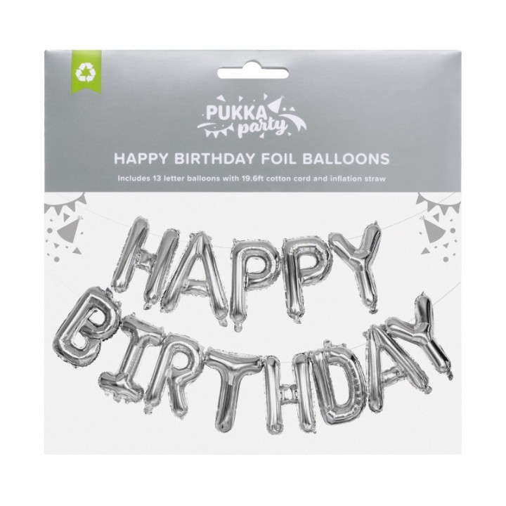 Pukka Party Happy Birthday Foil Balloon Garland, Silver