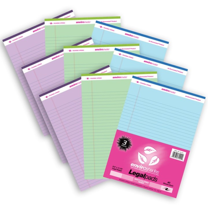 Roaring Spring Paper Products Enviroshades Legal Pad, Standard, Assorted Colors, 3 Per Pack, 3 Packs