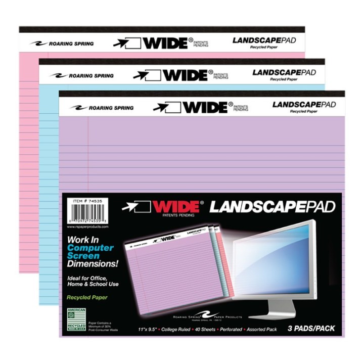 Roaring Spring Paper Products Legal Pad, Landscape, Assorted 3-Pack (Orchid, Blue, Pink)