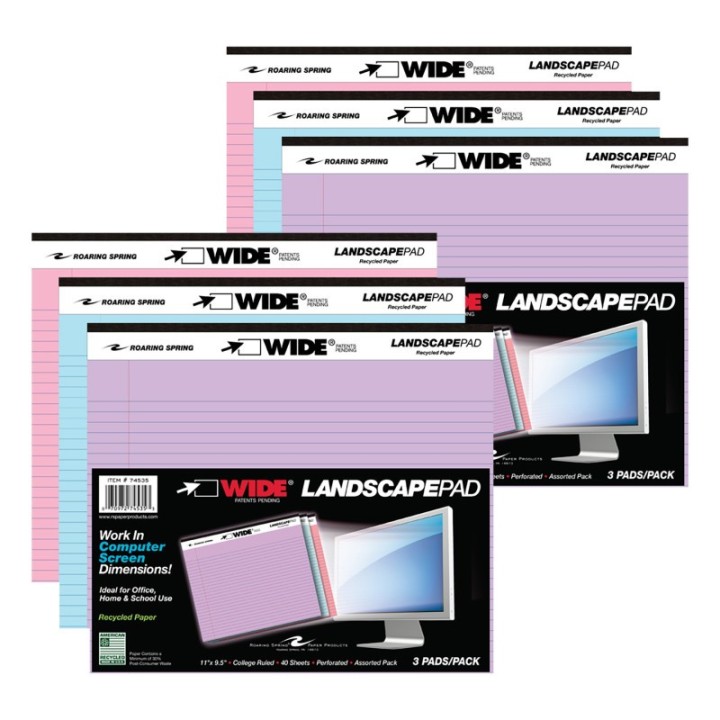 Roaring Spring Paper Products Legal Pad, Landscape, Orchid/Blue/Pink, 3 Per Pack, 2 Packs