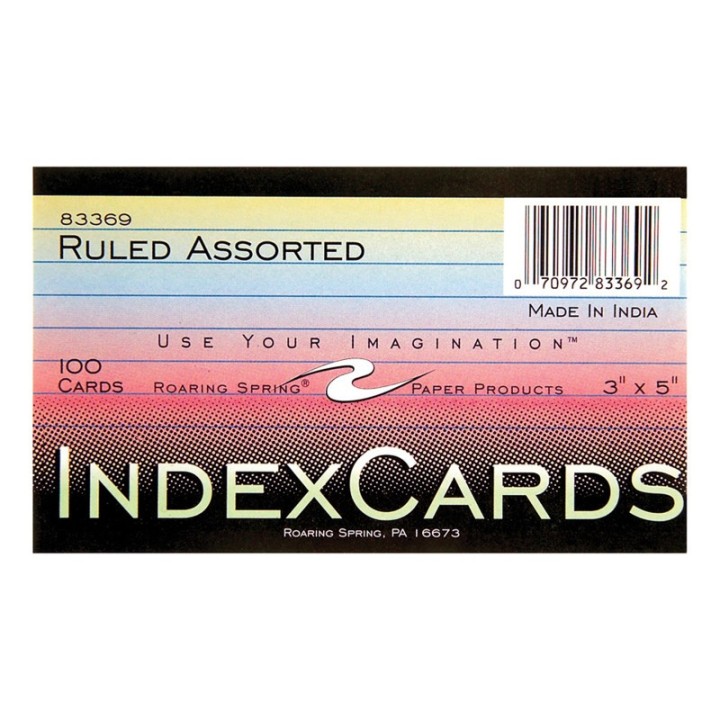 Roaring Spring Paper Products Index Cards, 3" x 5", Ruled, Assorted Colors, Pack of 100