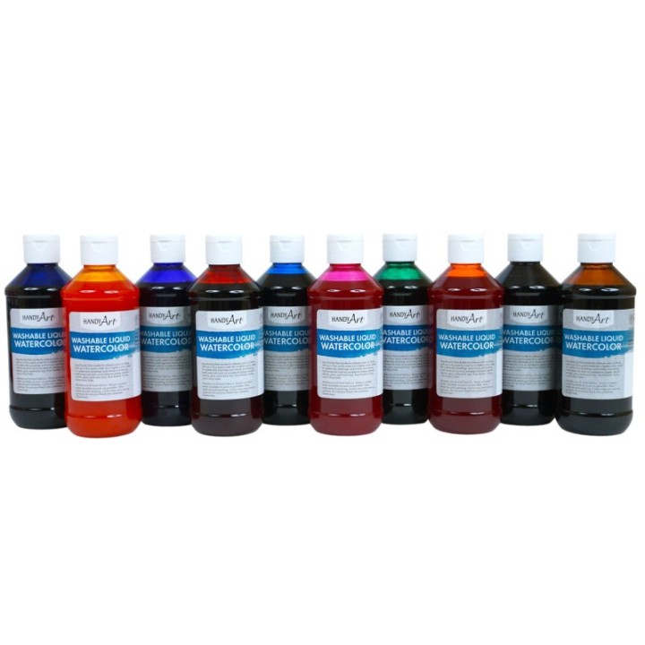 Handy Art® Washable Liquid Watercolors, 8oz, 10-Color Basic Kit