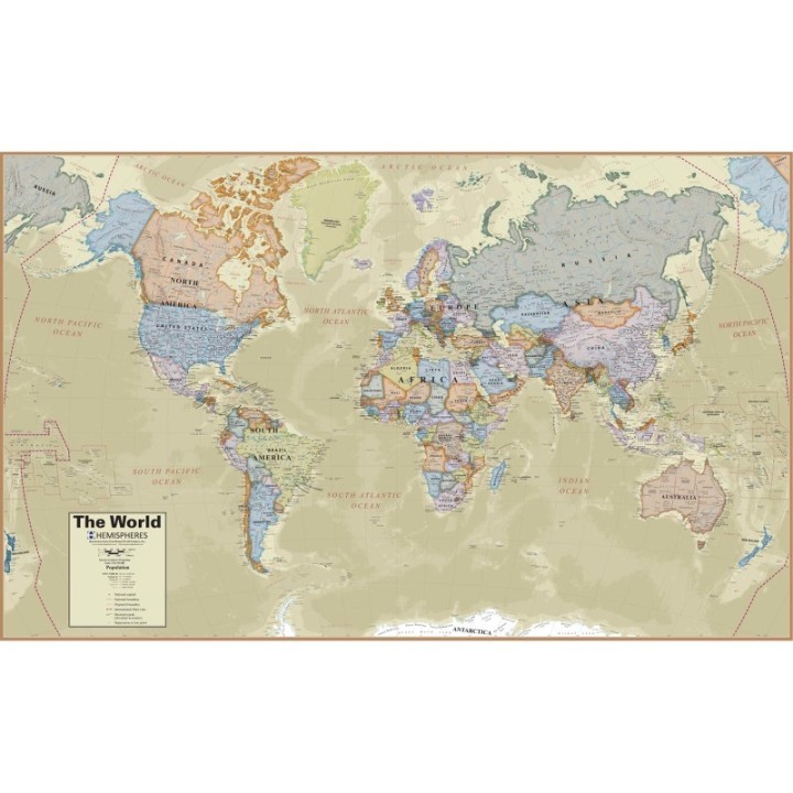 Hemispheres® Boardroom Series World Laminated Wall Map